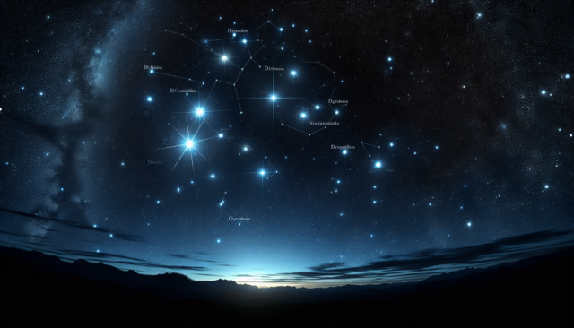 Étoile D, nuit étoilée photoréaliste avec paysage silhouetté pour contraste, inscriptions discrètes.