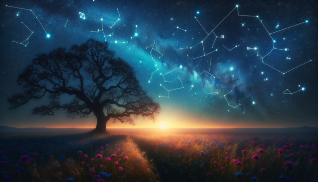 Etoile en E dans ciel nocturne étoilé sur champ de fleurs et chêne ancien.