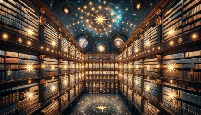 Étoile en F dans bibliothèque céleste, lumineuse et mystique.